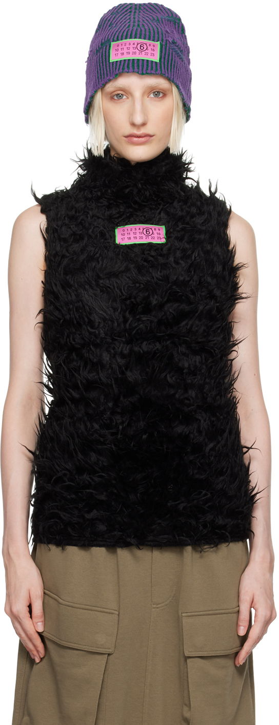 Pleteni pulover Maison Margiela MM6 Black Logo Patch Faux-Fur Turtleneck Črna | S62NL0049 S24413, 0