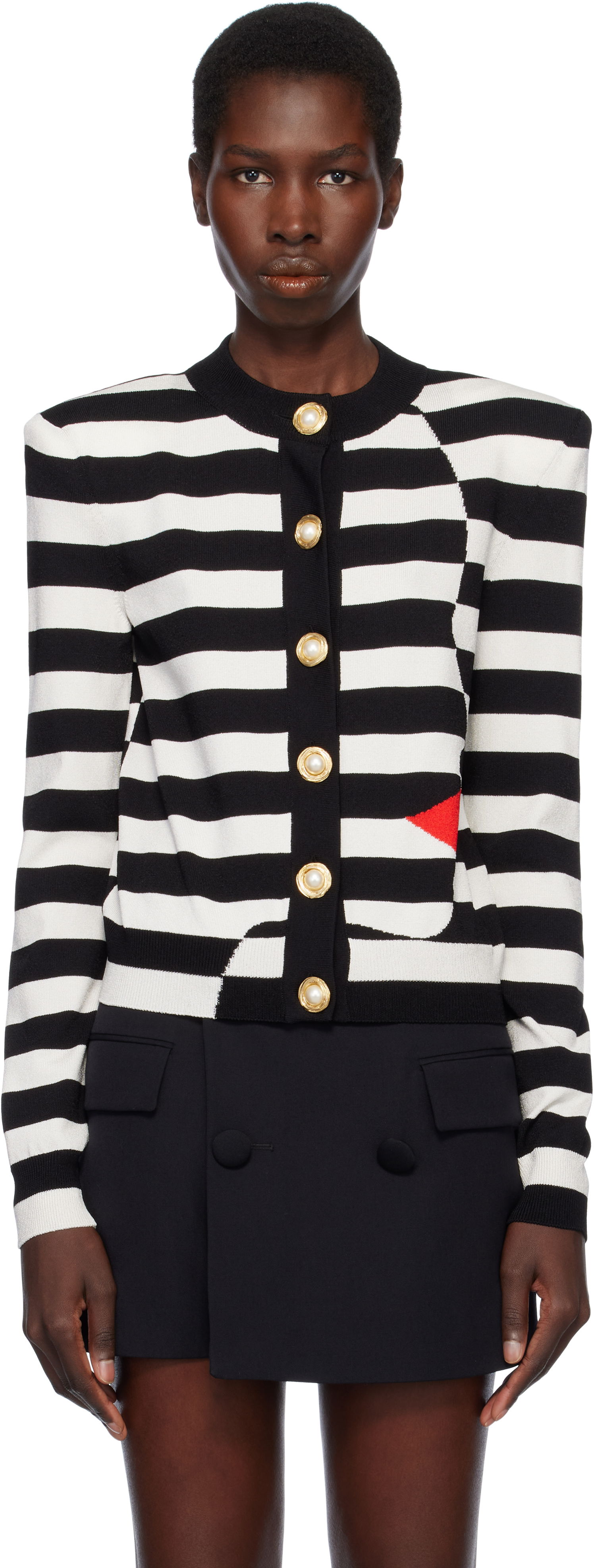 Pleteni pulover Balmain Balmain Knit Striped Cardigan with Face Design Črna | EF0KL133KI32, 0