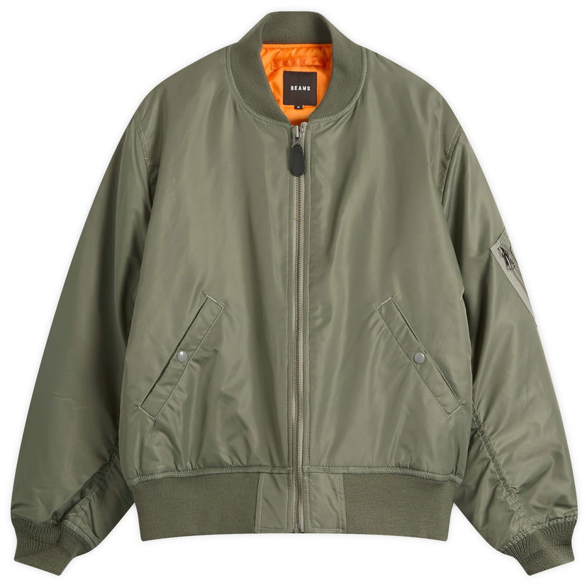 Bomber jakna BEAMS MA1 Bomber Jacket with Ribbed Trims, Zip Closure, Snap Pockets, and Orange Lining Zelena | 1118-5607-139-67