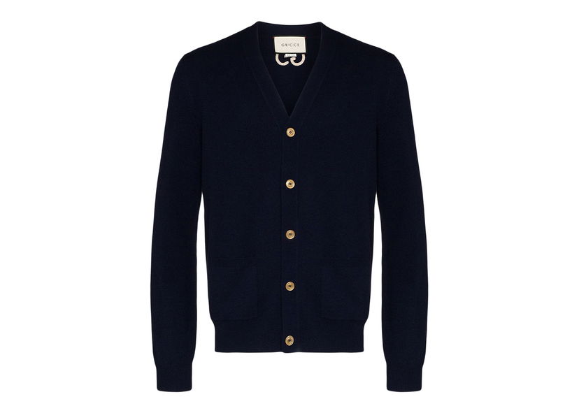 Pleteni pulover Gucci GG Embroidered Logo Cardigan Navy Mornarica | 599866XKA5B4440