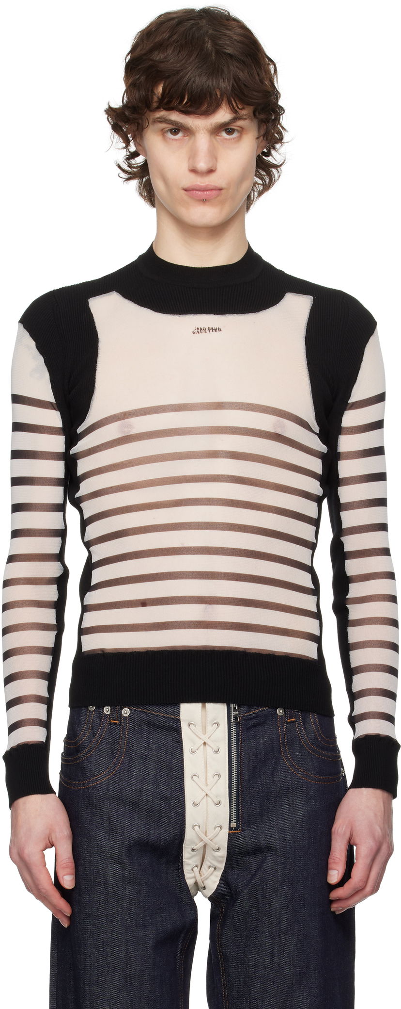 Pleteni pulover Jean Paul Gaultier Jean Paul Gaultier Bi-Material Marinière Striped Sweater Črna | 25/33-F-PL069-T574-0100