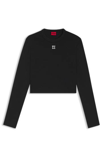 Krop-top BOSS HUGO Slim-Fit Cropped Jersey Top with Embroidered Logo Črna | 50518378