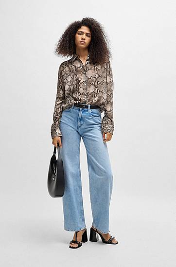 Srajce BOSS Oversized Python-Print Crepe de Chine Blouse Rjava | 50539779, 1