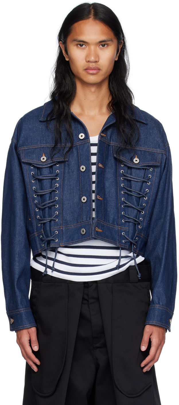 Jakna Jean Paul Gaultier Jean Paul Gaultier Lace-Up Cropped Denim Jacket Modra | 24/30-F-VE067-D015-55