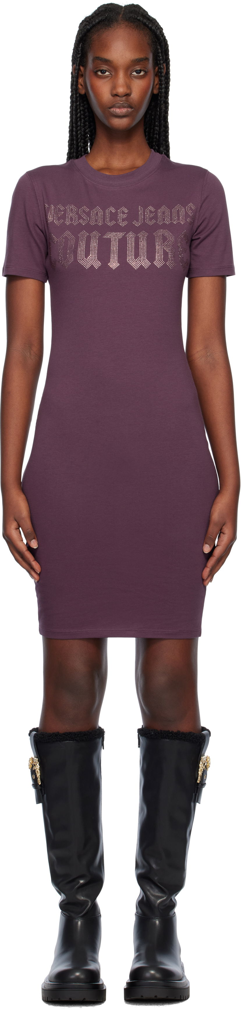 Obleke Versace Gothic Logo Purple Mini Dress Bordo | E77HAOL00_ECJ02L