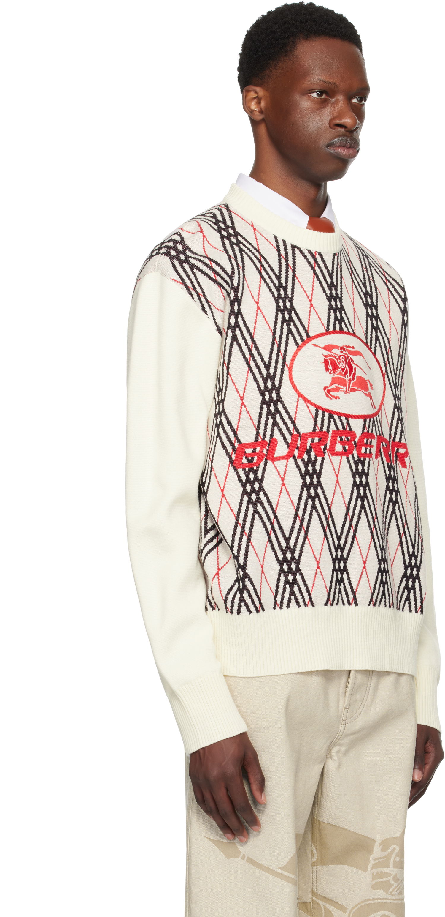 Pleteni pulover Burberry Burberry Argyle Check Wool Blend Sweater Bela | 8110554, 1