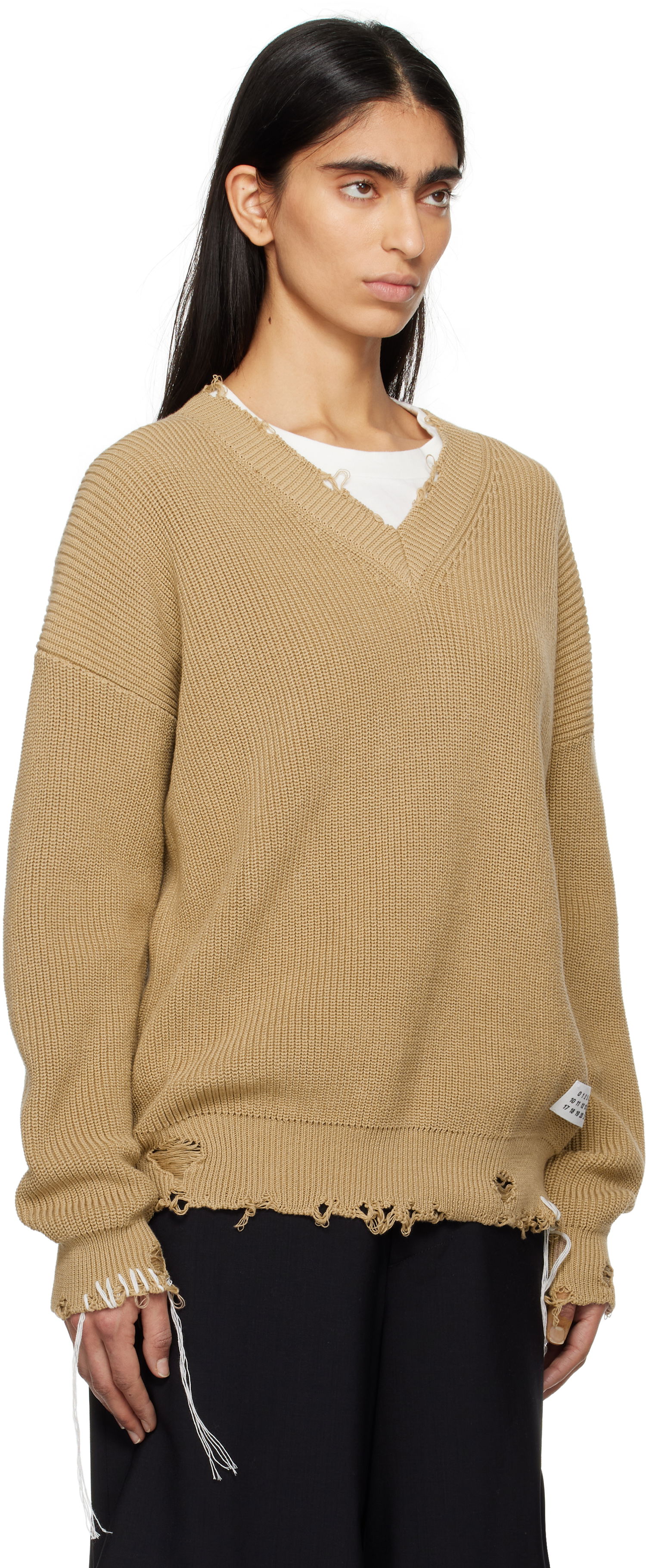 Pleteni pulover Maison Margiela MM6 Maison Margiela Eaten Knit V-Neck Sweater Bež | SH0HN0001 M13089, 1