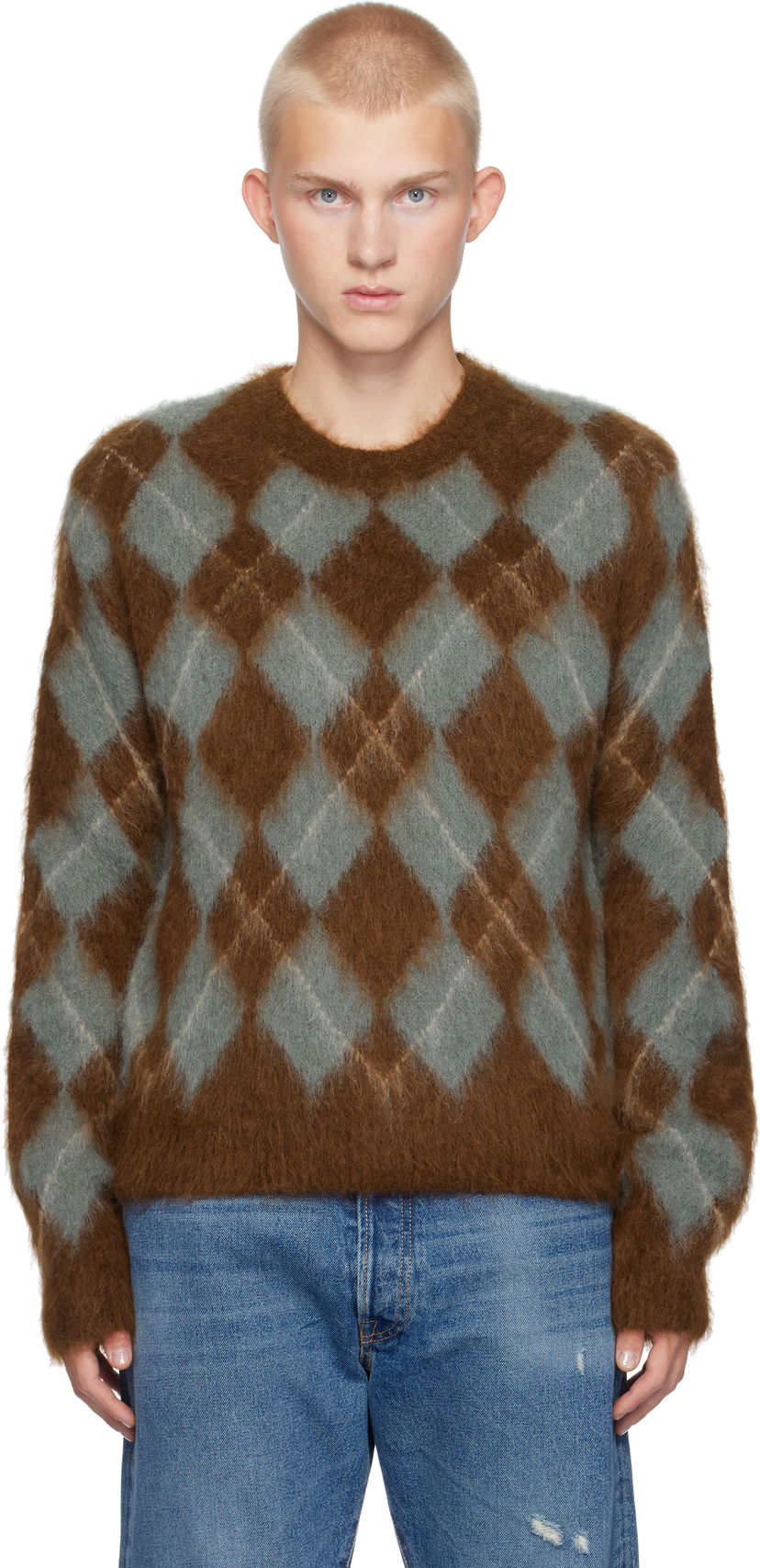 Pleteni pulover AMI Argyle Brushed Sweater Modra | HKS047.KN0058