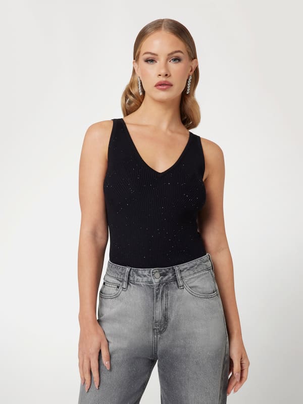 Majica brez rokavov GUESS Knitted Tank Top with V-Neck Črna | W5RR18Z34O0