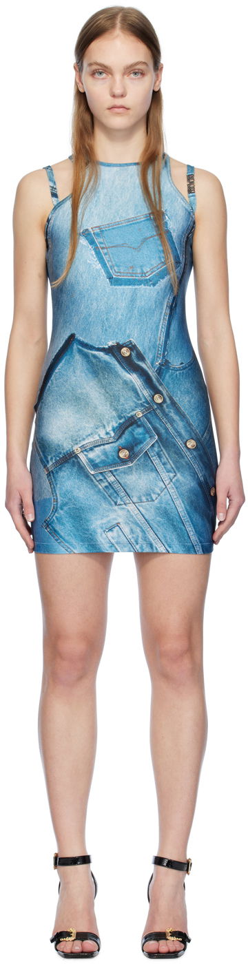 Srajce Versace Jeans Couture Blue Printed Minidress Modra | E76HAO944_EJS278
