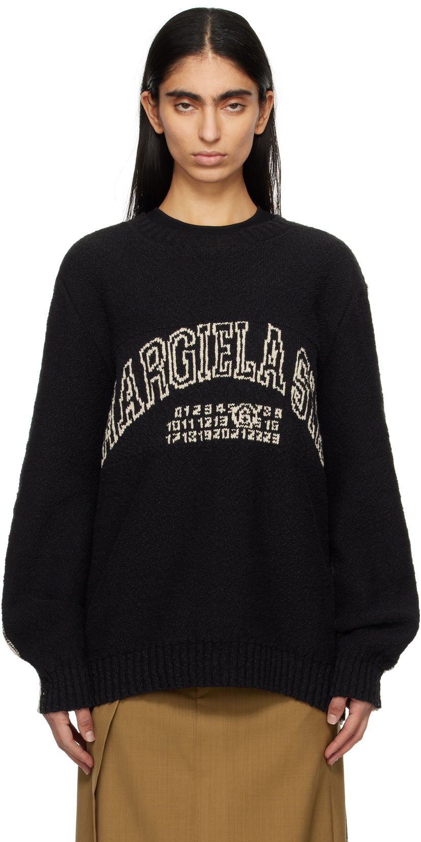 Pleteni pulover Maison Margiela MM6 Maison Margiela Varsity Jacquard Sweater Črna | SH0HL0025 M13084