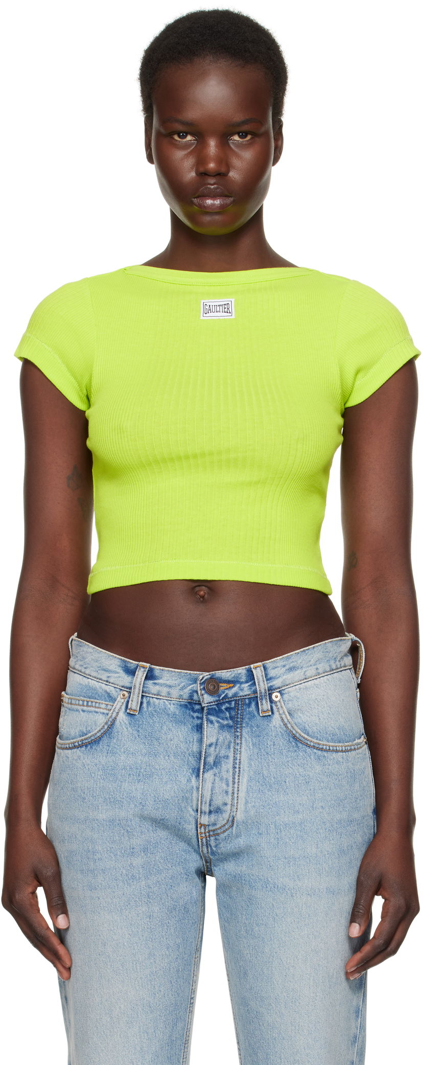 Krop-top Jean Paul Gaultier Jean Paul Gaultier 'The Patch' Cropped Ribbed T-Shirt Zelena | 25/33-F-TS105P-J054-44