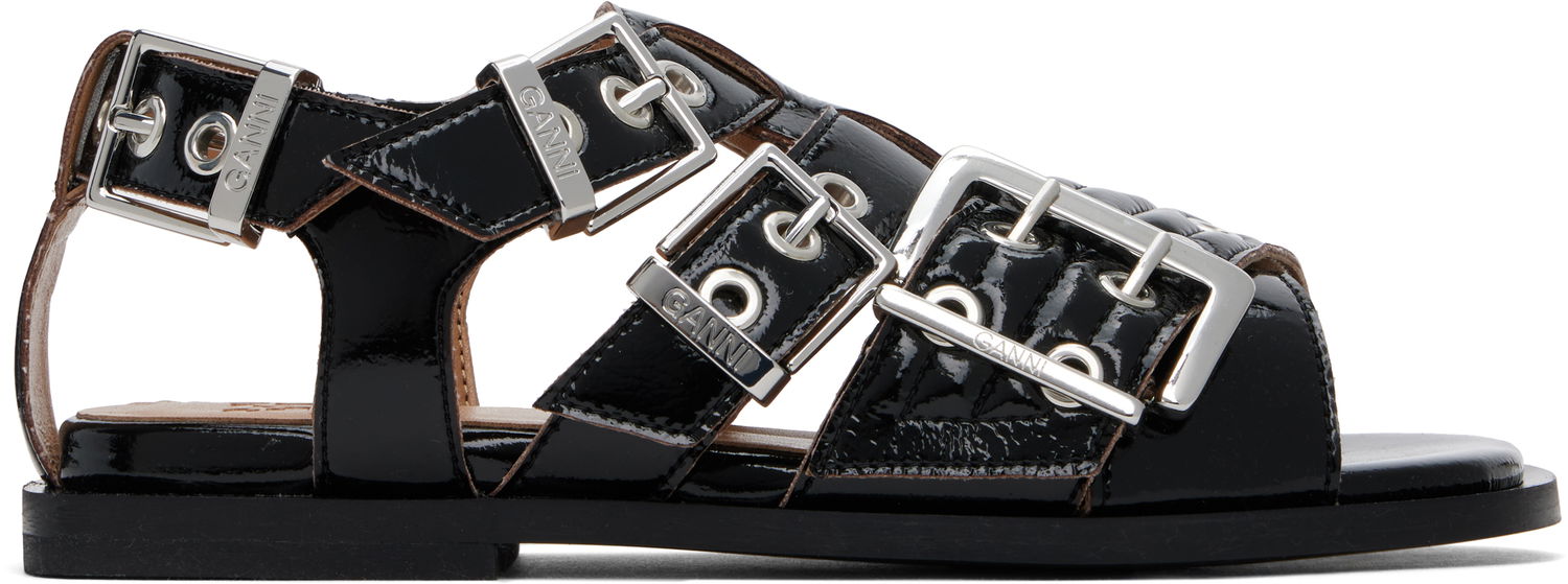 Modni dodatki GANNI GANNI Buckle Strap Flat Sandals Črna | S2934, 0
