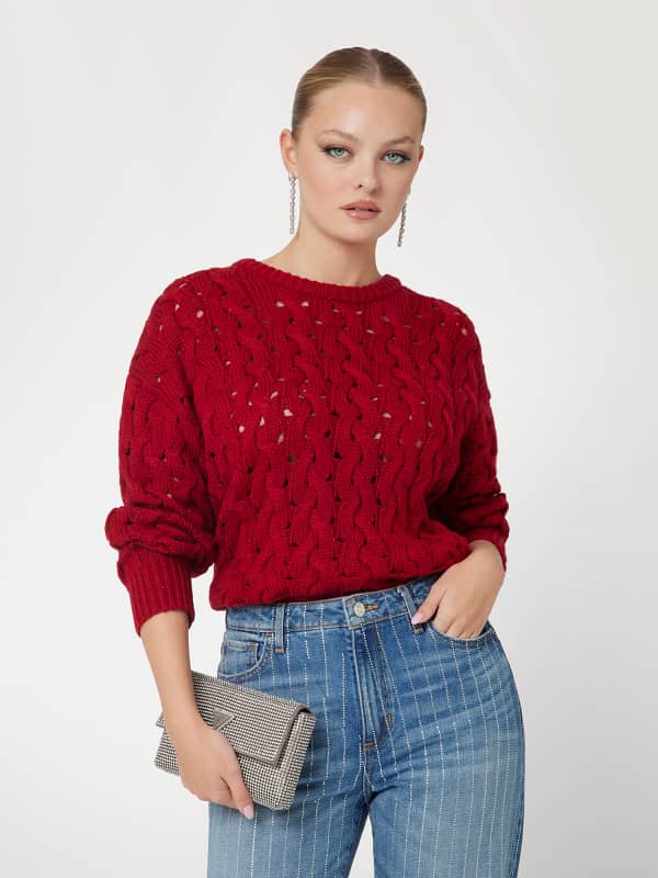 Pleteni pulover GUESS Cable-Knit Wool-Blend Sweater Rdeča | W5RR77Z3J20