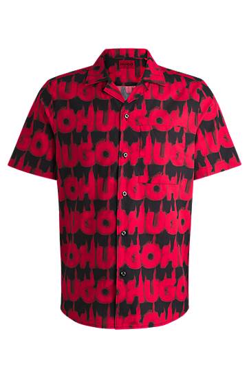 Srajce BOSS Relaxed-Fit Cotton Shirt with Smoke-Logo Print Rdeča | 50534240