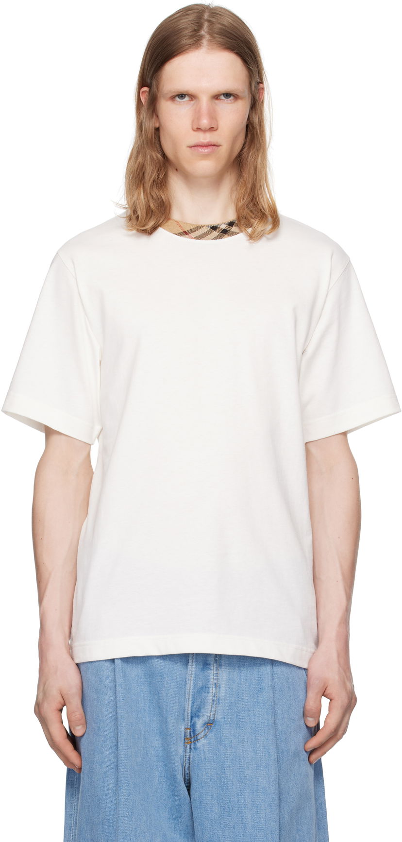 Majica Burberry Burberry Cotton T-Shirt with Check Trim Bela | 8110100