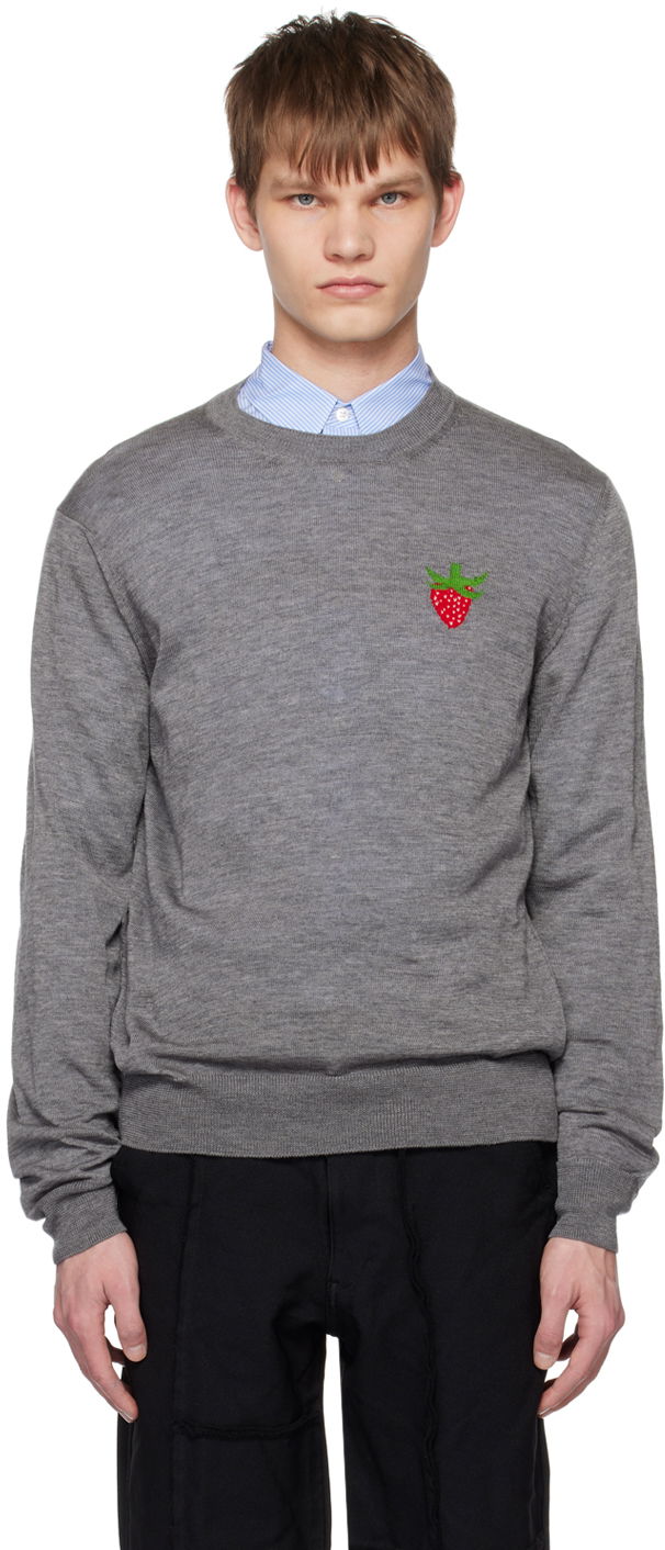 Pleteni pulover Comme des Garçons Comme des Garçons Shirt Brett Westfall Edition Embroidered Strawberry Sweater Siva | FK-N016-051