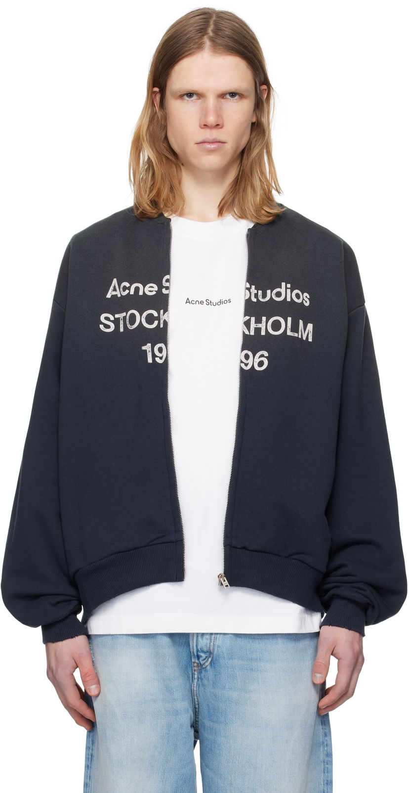 Bomber jakna Acne Studios Acne Studios Logo Zip Sweater Mornarica | CI0189-