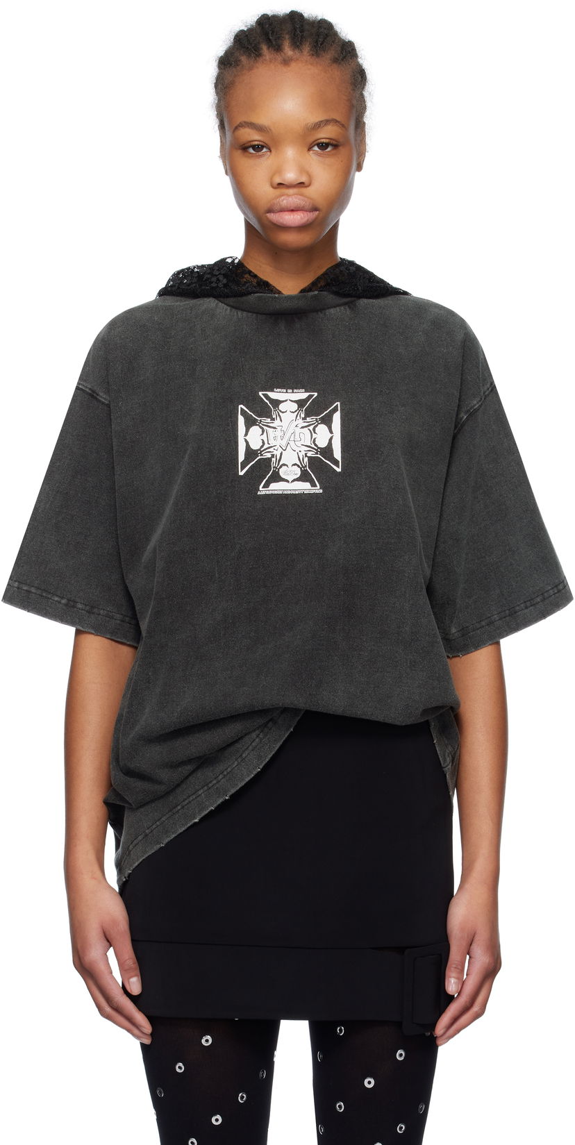 Majica We11done We11done Heart Cross Graphic Hooded T-Shirt Siva | WD-TH0-25-842-U-BK