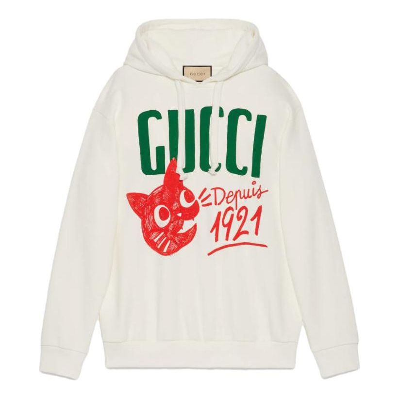 Pulover Gucci Gucci Cotton Jersey Hoodie with Cat Print Bela | 717427-XJFNL-9095