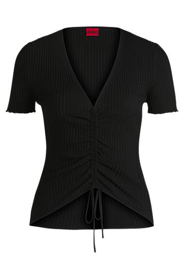Pleteni pulover BOSS Ribbed Knit V-Neck Top with Gathered Front Črna | 50538231