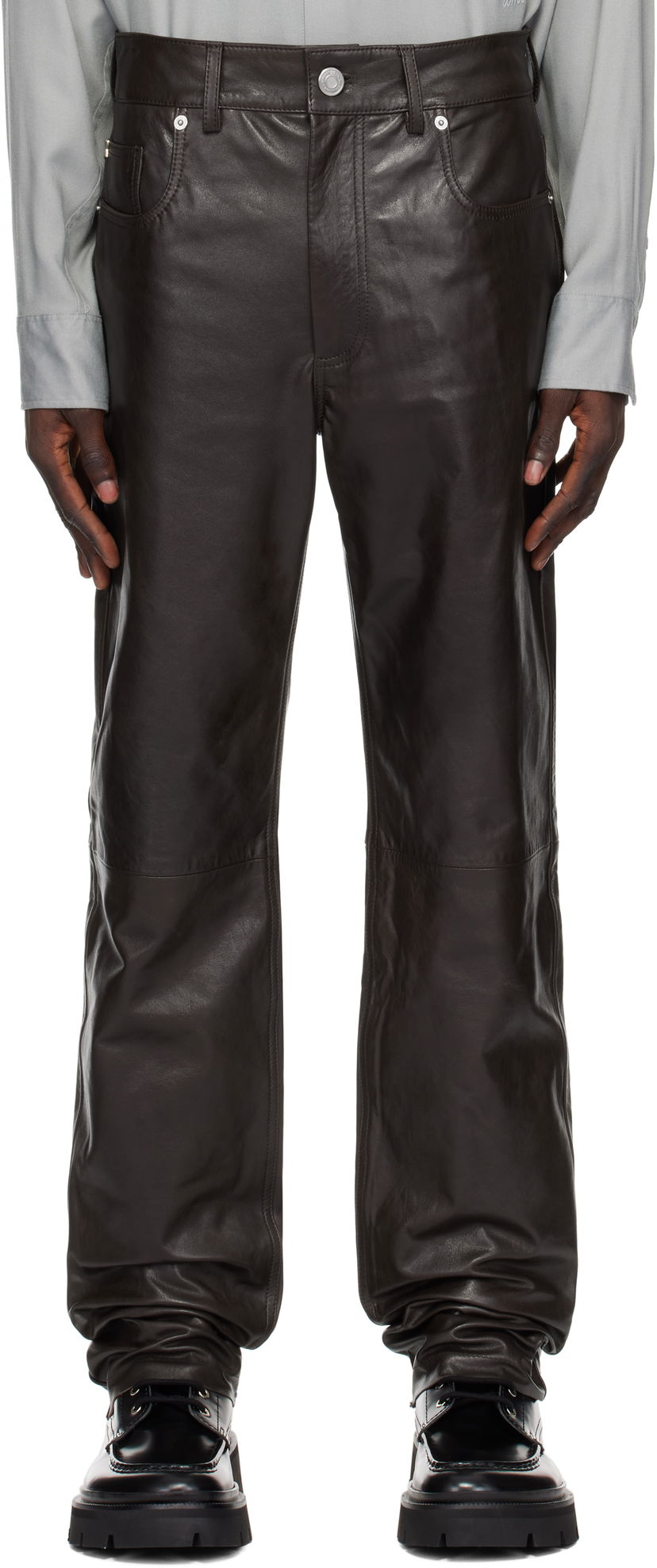Kavbojke AMI Straight Fit Leather Pants Rjava | HTR509.LH0043