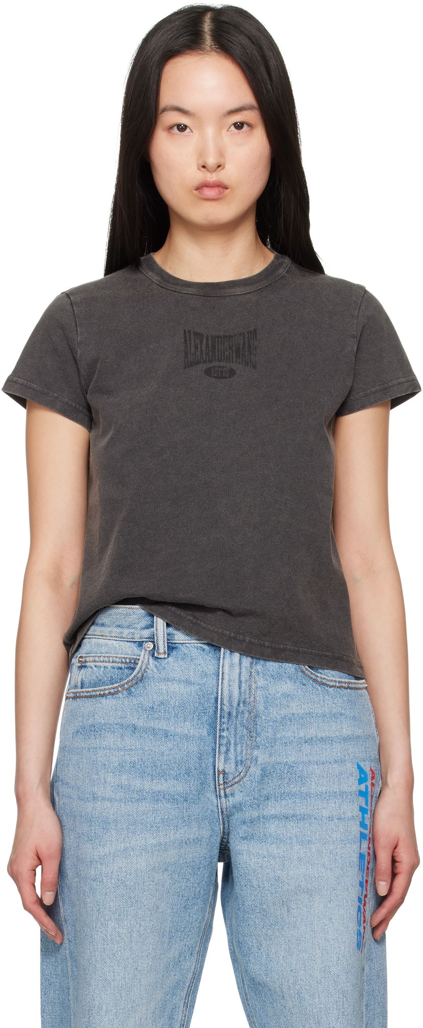 Majica Alexander Wang Alexander Wang Distressed Logo Shrunken T-Shirt Siva | 4CC2251540