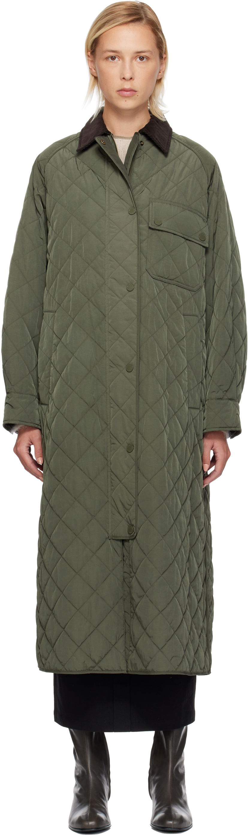 Plašči Max Mara Coccole Quilted Long Coat with Corduroy Collar Zelena | 2525496092600