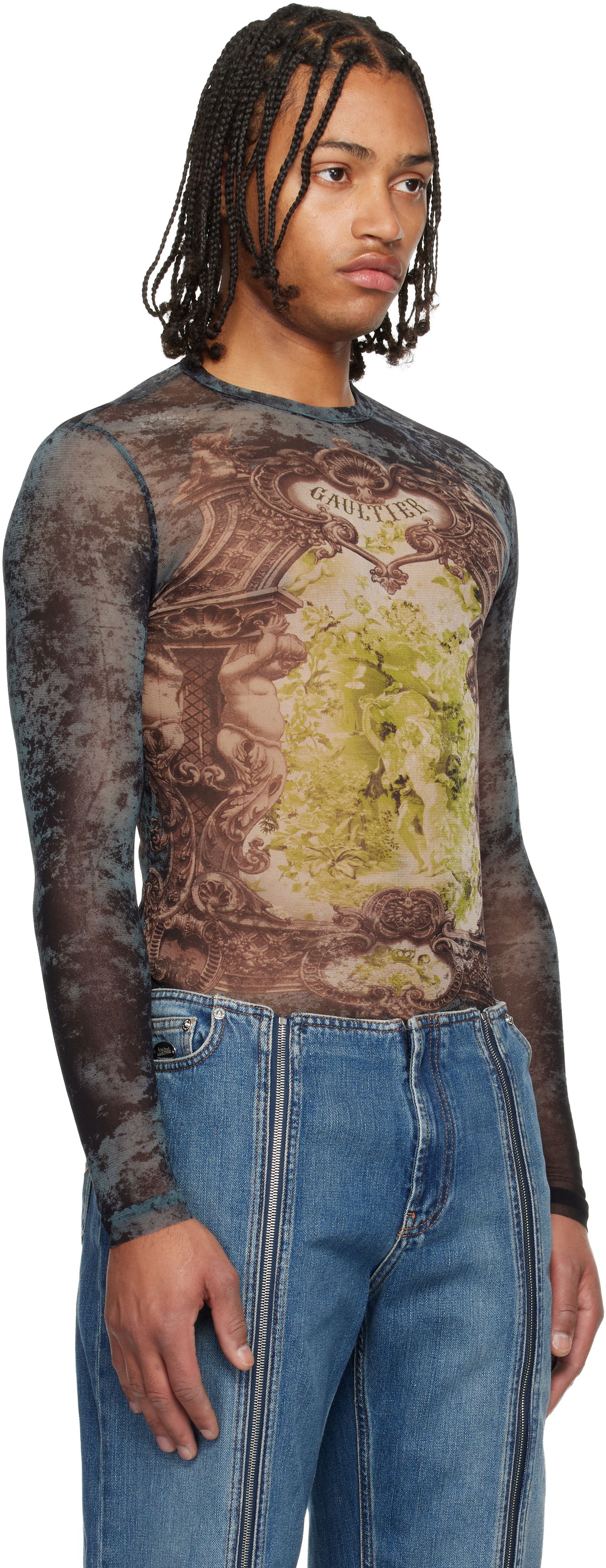 Majice in brezrokavniki Jean Paul Gaultier The Blue Médaillon Printed Long Sleeve Mesh Top Večbarvna | 25/04-W-TO305-M006P-005740, 1