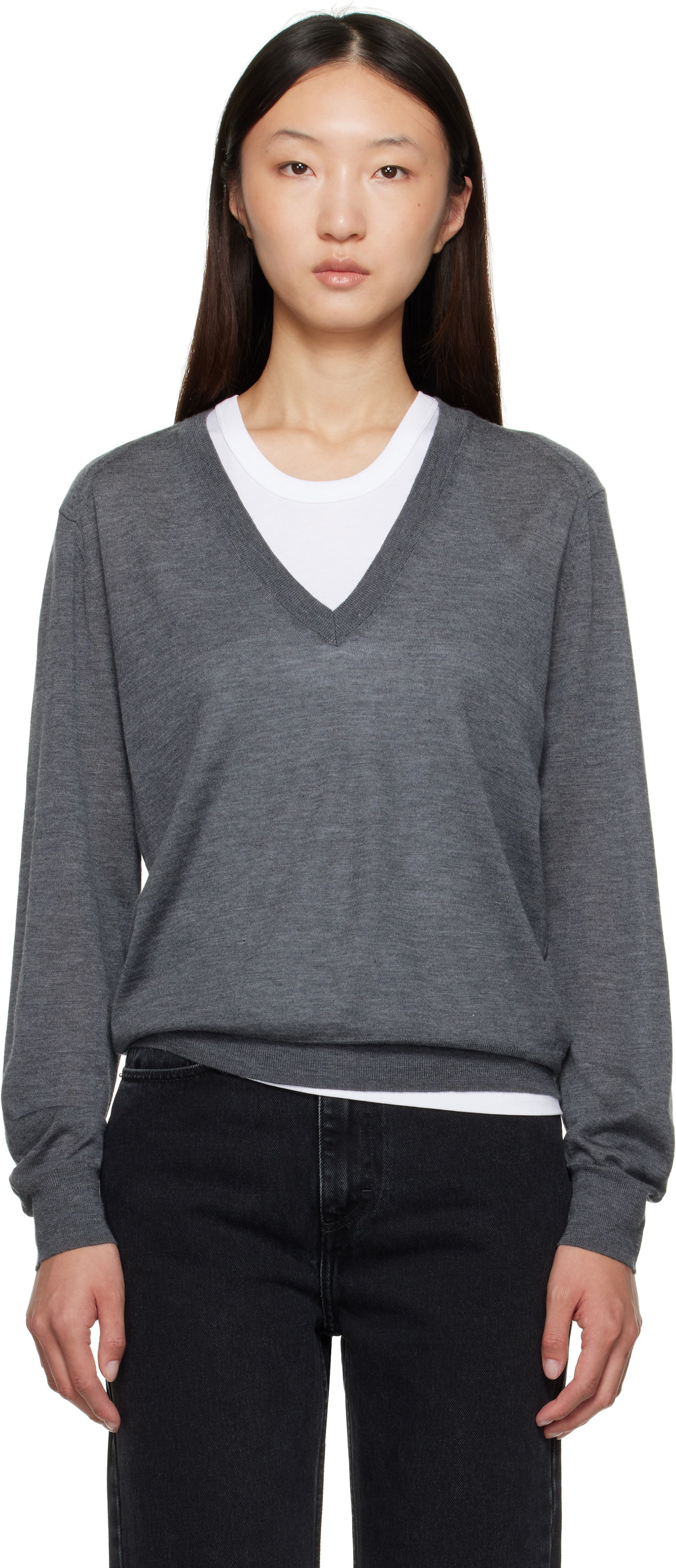 Pleteni pulover Loulou de Saison Loulou de Saison Julio Cashmere V-Neck Sweater Siva | JULIO, 0