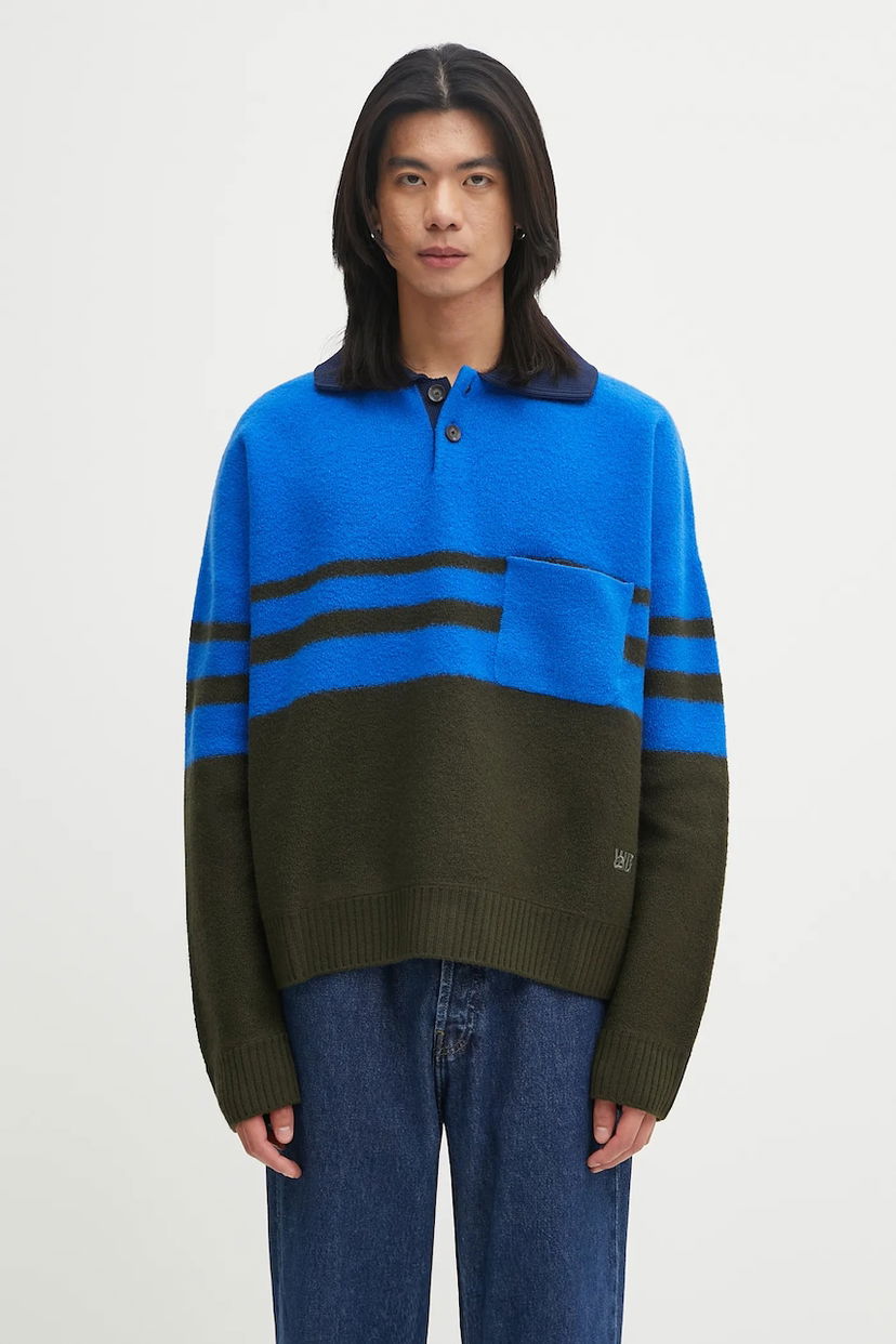 Pleteni pulover Wales Bonner Wales Bonner Calm Polo Sweater Modra | UA25KN15.WO15.750