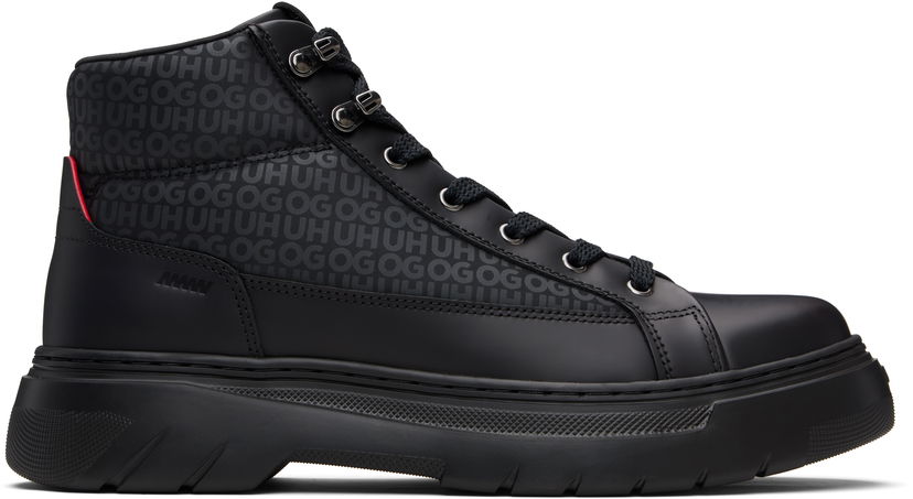 Superge in čevlji BOSS HUGO Printed-Logo Faux-Leather Boots Črna | 50552644