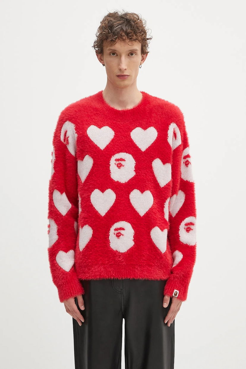Pleteni pulover BAPE A Bathing Ape I Love Bape Monogram Fuzzy Sweater Rdeča | 1K80220006