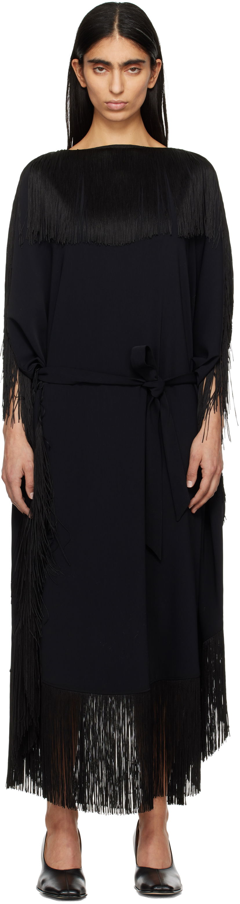 Obleke Maison Margiela MM6 Maison Margiela Fluid Fringe Midi Dress Črna | S52DD0061 S37977