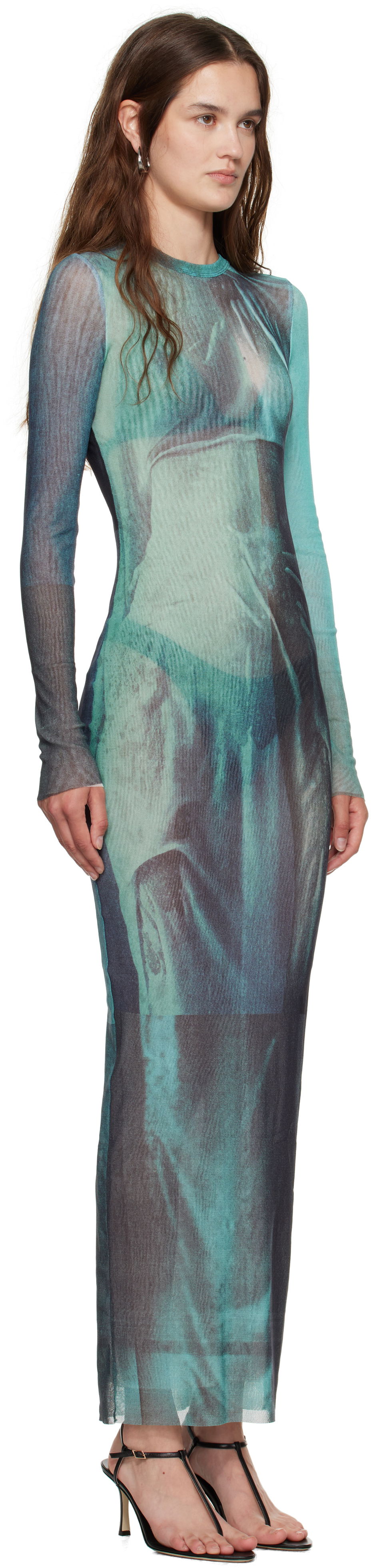 Obleke Jean Paul Gaultier Jean Paul Gaultier 'The Long Water' Mesh Maxi Dress Turkizna | 25/03-W-DR027-M004P-5557, 1