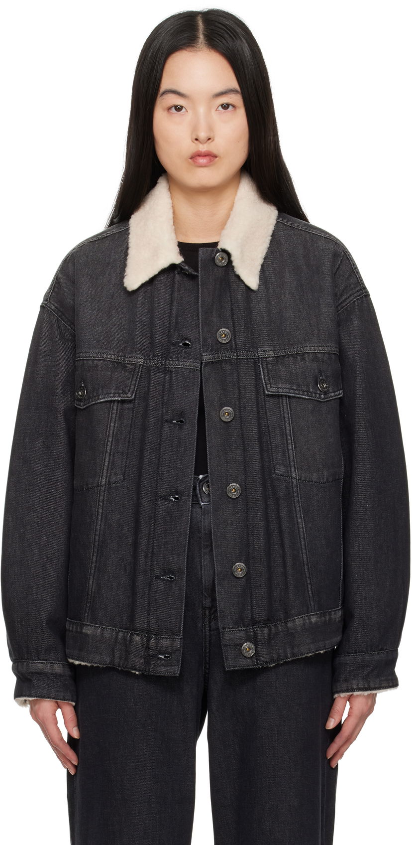 Jakna Max Mara Weekend Max Mara Libano Denim Jacket with Shearling Collar Črna | 2515081051600