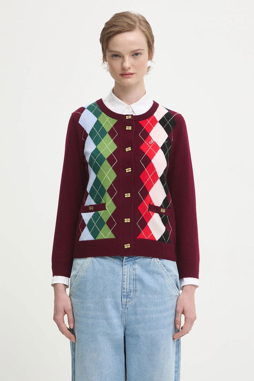 Pleteni pulover GANNI Argyle Pattern Cashmere Wool Mix Round Neck Button-Front Cardigan Večbarvna | K2532