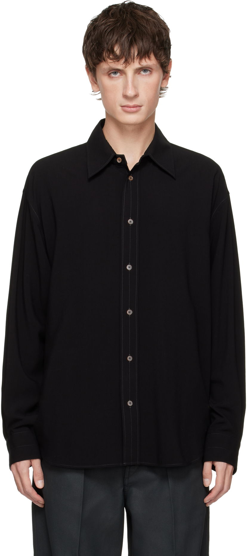 Srajce LEMAIRE Long-Sleeve Relaxed Shirt with Contrast Stitching Črna | SH1206 LF1286