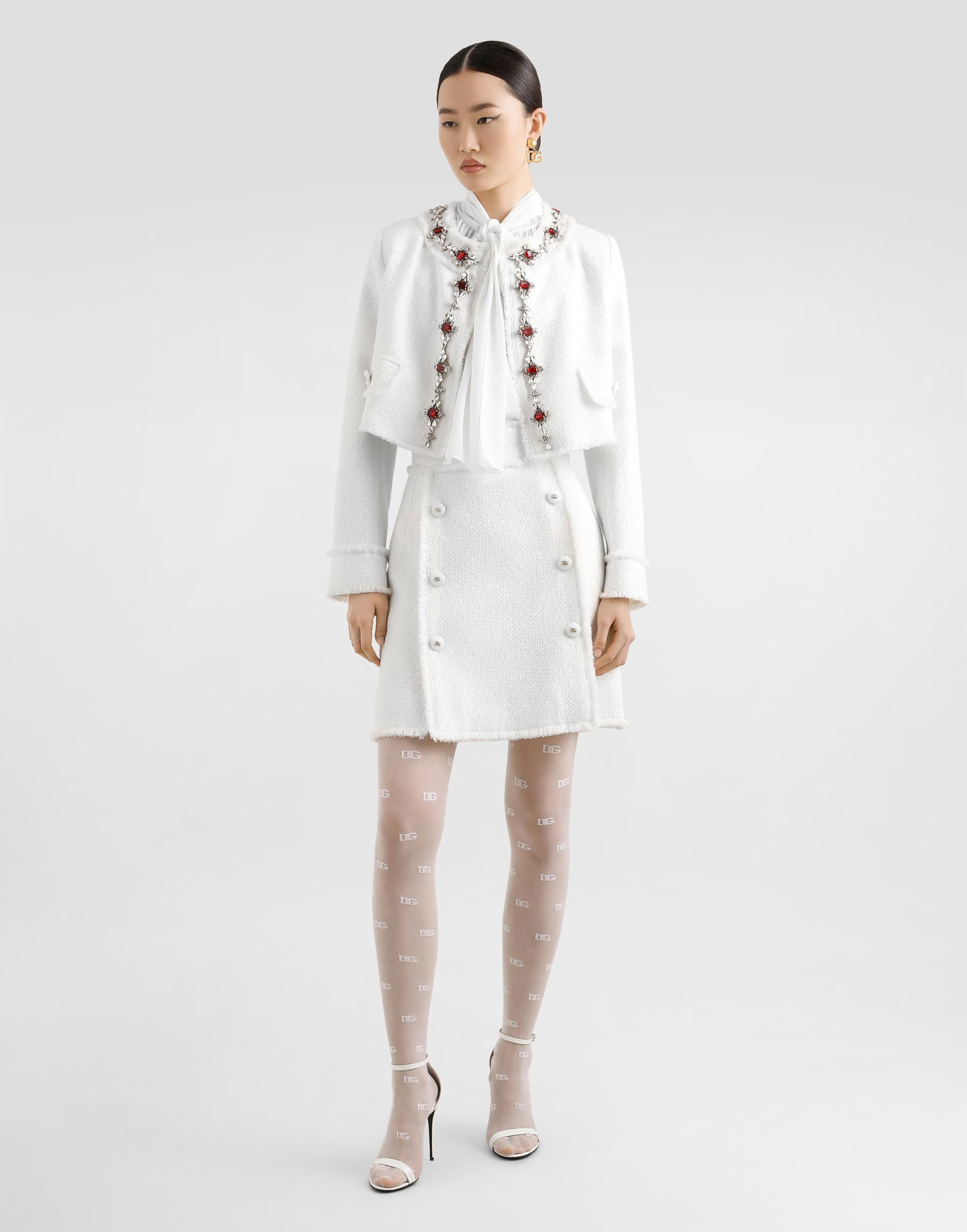Krila Dolce & Gabbana Dolce & Gabbana Rachel Tweed Skirt with Frayed Edges and DG Buttons Bela | F4C03THUMUAW3789, 1