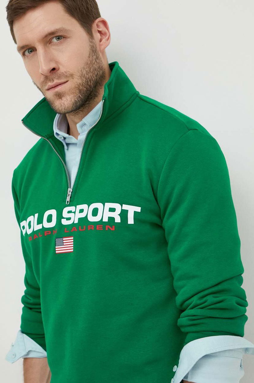 Pulover Polo by Ralph Lauren Green Quarter-Zip Sweatshirt with Logo Print Zelena | 710835766