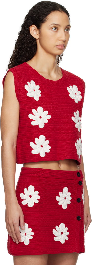 Krila MSGM MSGM Crocheted Flower Appliqué Sweater Vest Rdeča | 3841MDT194 257286, 1