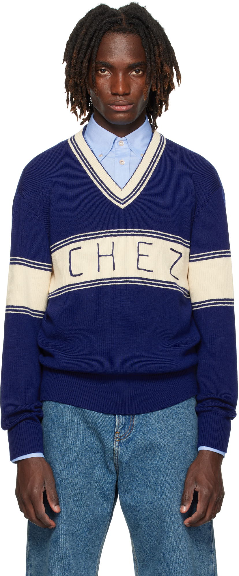Pleteni pulover Valentino Valentino 'Chez Valentino' Jacquard Pattern Sweater Modra | 7V3KC34KB02