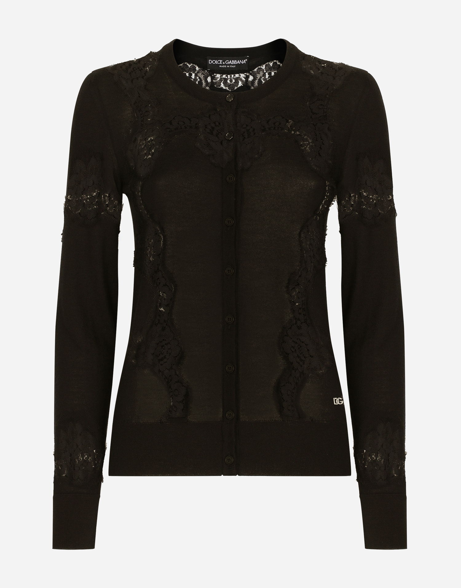 Pleteni pulover Dolce & Gabbana Lace-Trimmed Button-Up Cardigan Črna | FXV05TJEMO7N0000, 0