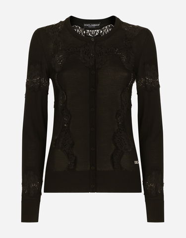 Pleteni pulover Dolce & Gabbana Lace-Trimmed Button-Up Cardigan Črna | FXV05TJEMO7N0000, 0