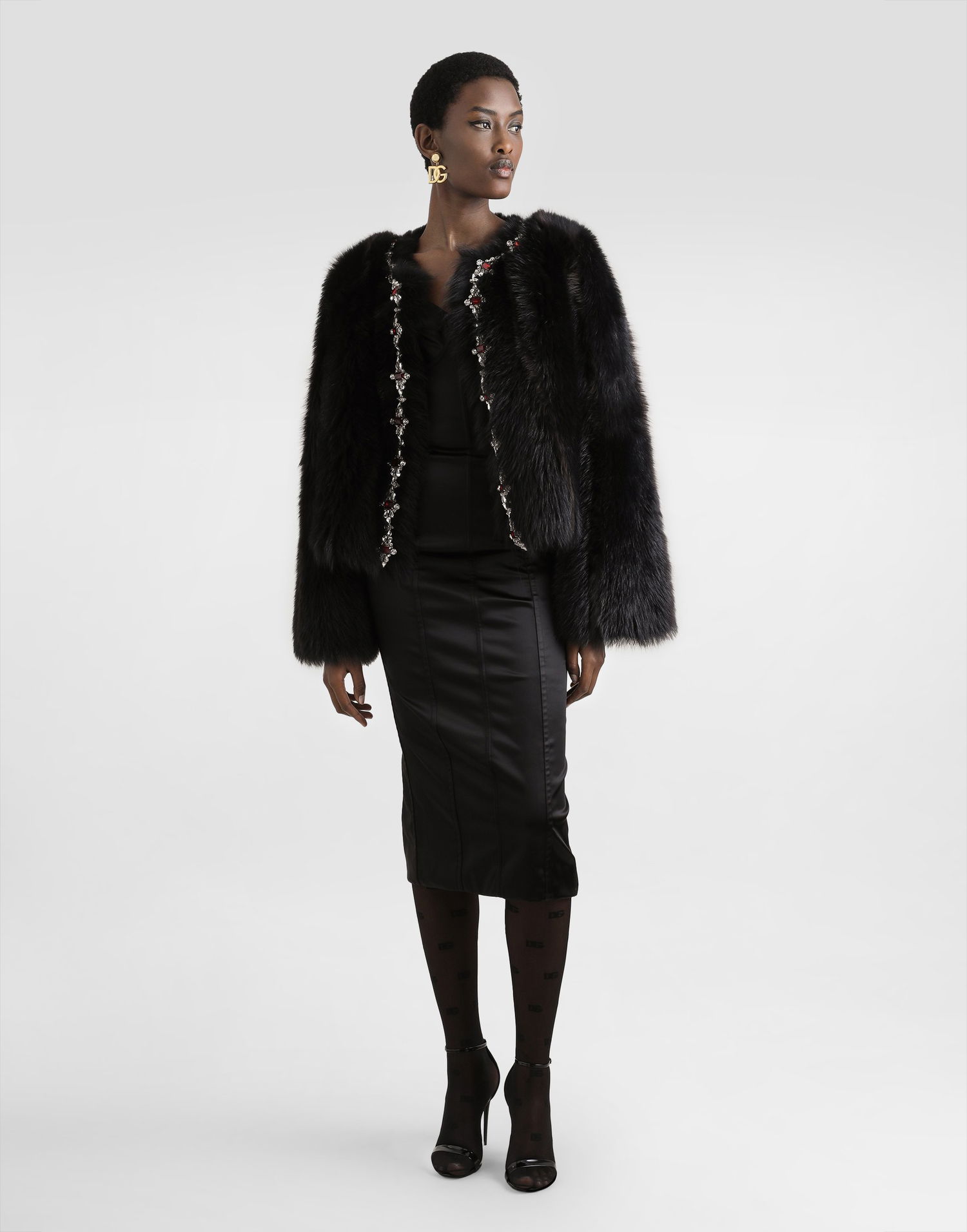 Jakna Dolce & Gabbana Dolce & Gabbana Fluffy Sheepskin Jacket with Crystal Inlay Črna | F27GEZFUPFQM1512, 1