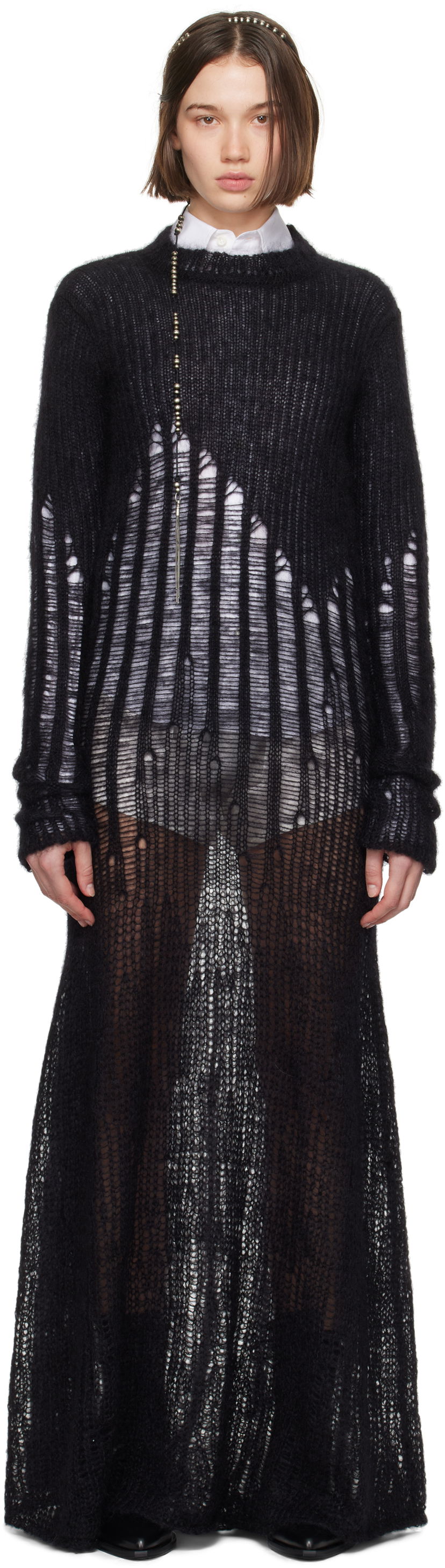 Obleke Ann Demeulemeester Ann Demeulemeester Paiva X-Long Distressed Maxi Dress Črna | 2402-W-KN08-KN044-099