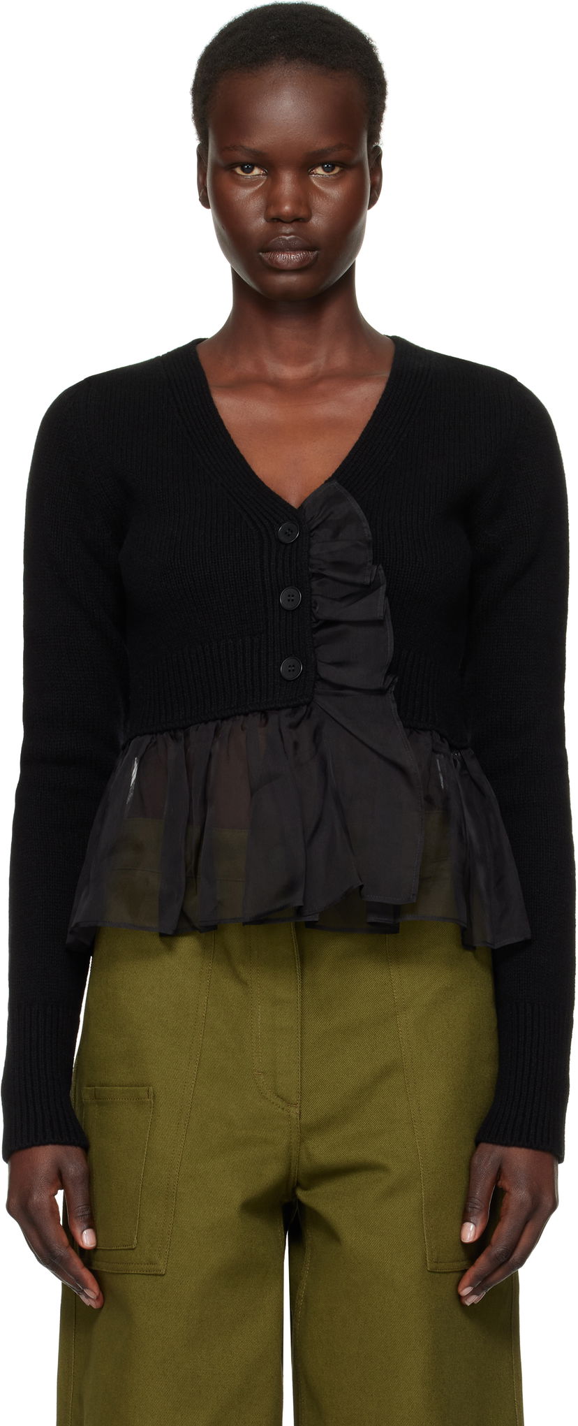 Pleteni pulover Cecilie Bahnsen Ruffle Trim Cropped Cardigan Črna | 4.24KNI52001 PHLOX CARDIGAN