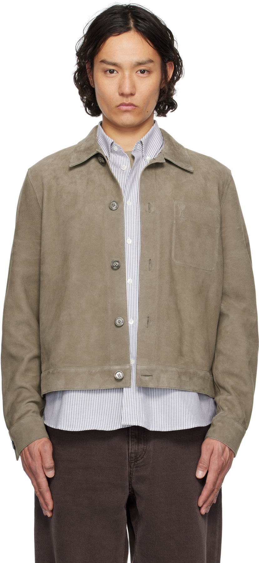 Jakna AMI AMI Paris Buttoned Suede Jacket Siva | HJK243.LH0054