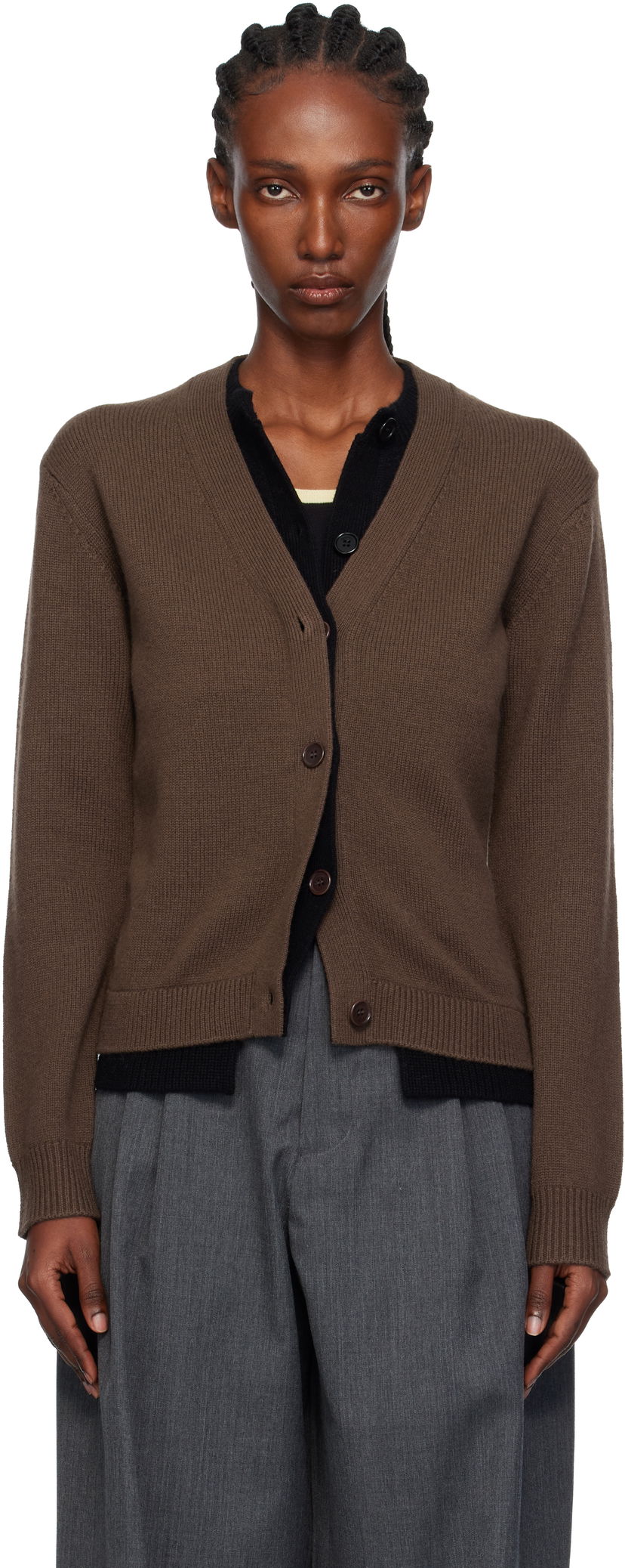 Pleteni pulover JW Anderson Contrast Layered V-Neck Ribbed Cardigan Rjava | KW1494-YN0423