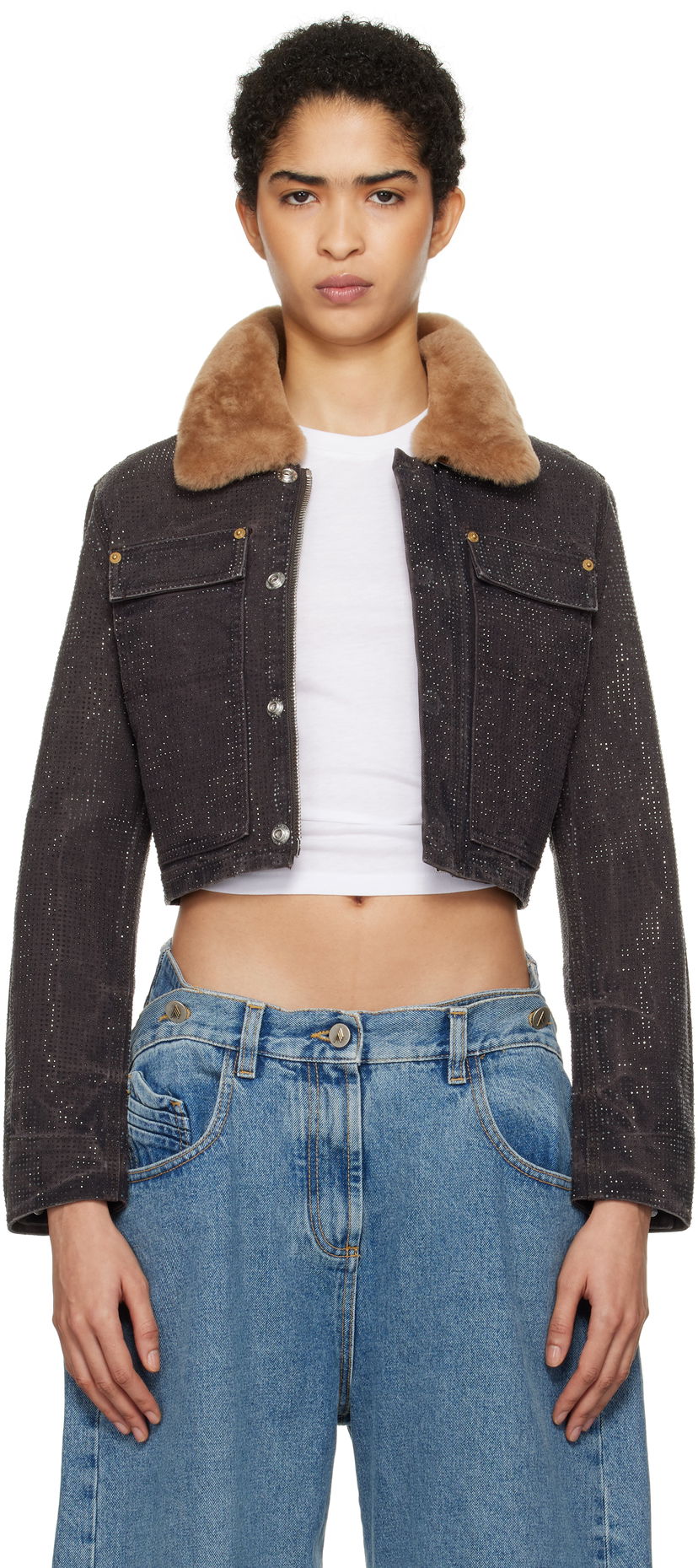 Jakna Alexander Wang Alexander Wang Workwear Cropped Denim Jacket with Shearling Collar Rjava | 1WC4242501